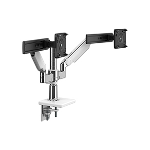 M/Flex Con Brazo Para Monitores M2.1 y Corredera, Sujeción doble para dos monitores, Soporte de pinza en dos piezas,  Aluminio Pulido Con Embellecedores Blancos